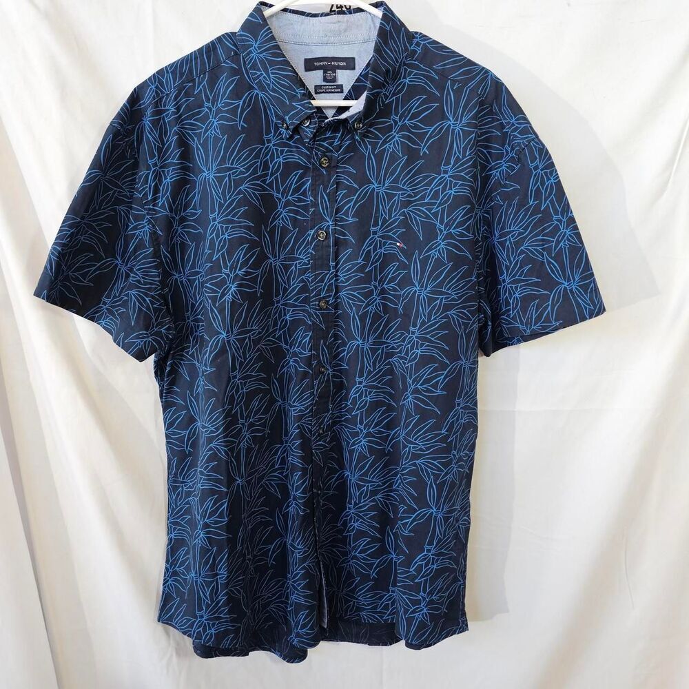 Tommy Hilfiger Mens XXL Floral Short Sleeve Button Down Shirt Navy Blue